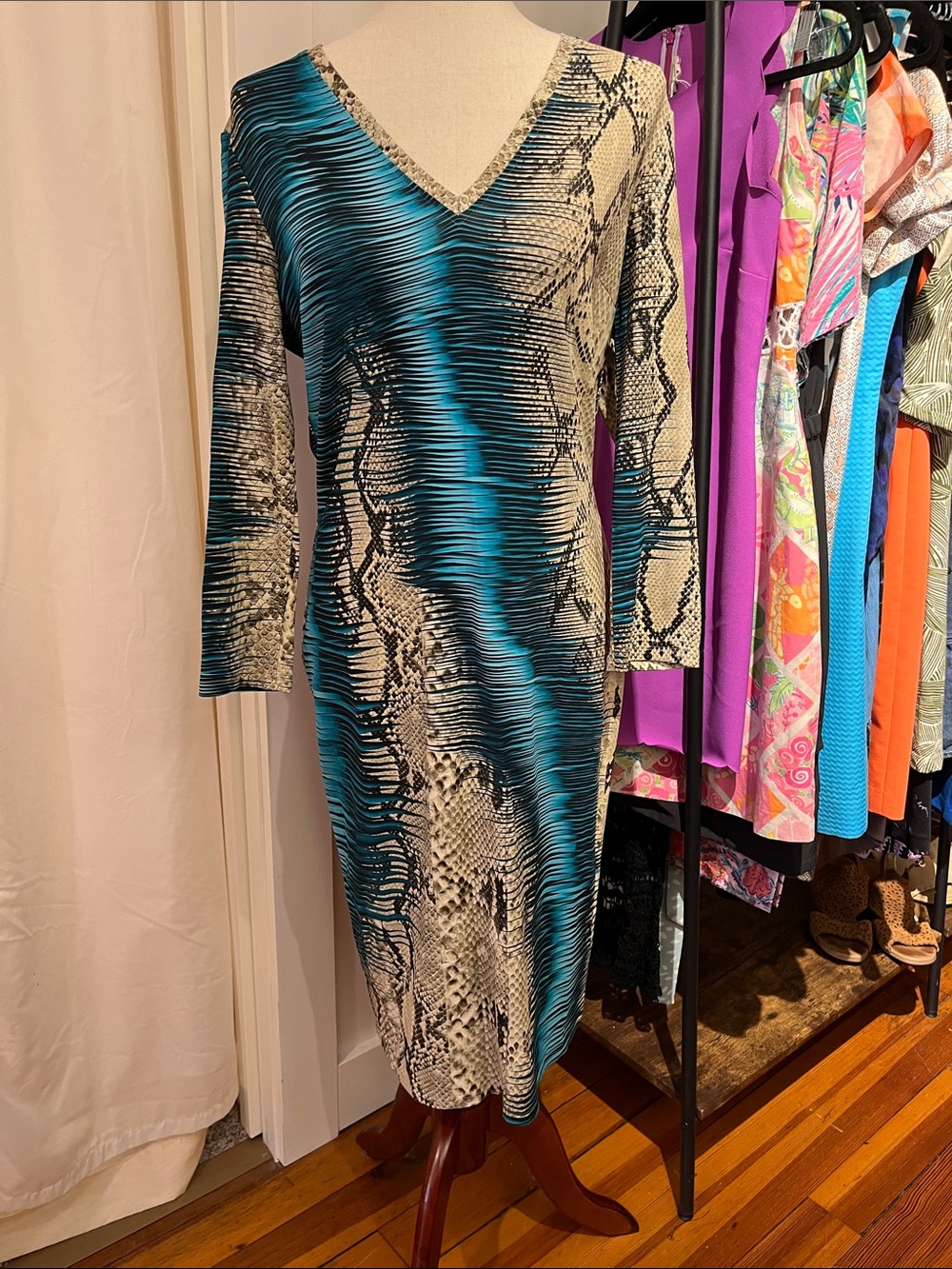 Roberto Cavalli Teal and Beige Snake-Print V-Neck Midi Dress